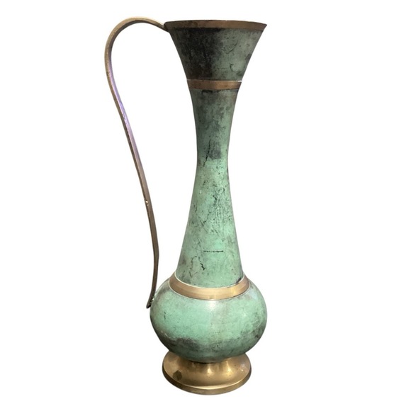 Vintage Brass Vase Pitcher‎ Patina Green Decor Tall Unique Handle Accent - Picture 1 of 12